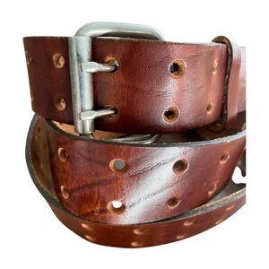 VTG 70s RENEGADE USA Brown Leather Belt Double Prong Buckle Oil Tan Top Grain XL